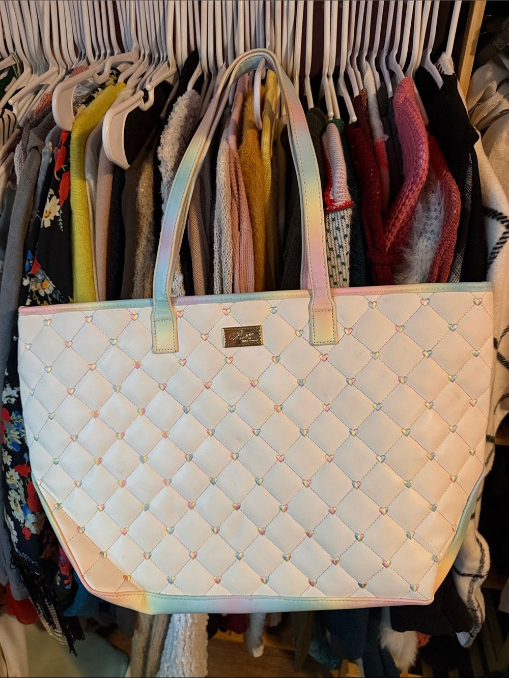 Betsey Johnson White Quilted Tote with Pastel Rainbow Trim